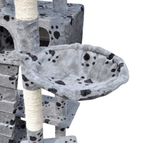 Arranhador para gatos com casinhas e estampa de patas cinzas.