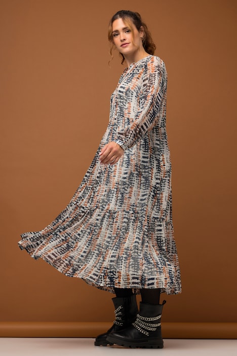 Maxikleid, A-Line, Batik Print, Rundhals, Knopfleiste, Volants, Langarm