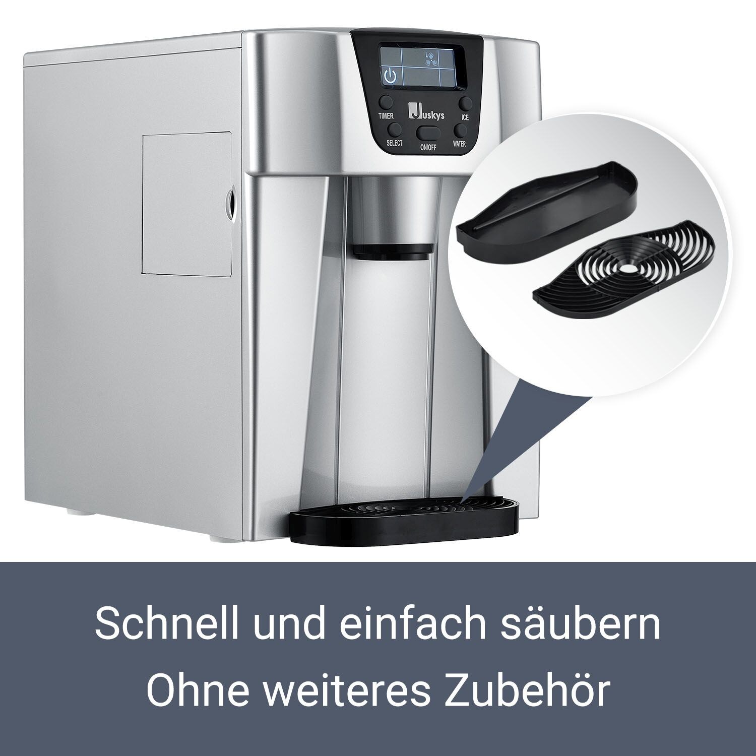 Juskys Eiswürfelmaschine PIM200L – 2 Eiswürfelgrößen, Timer – Elektrischer Eiswürfelbereiter Silber