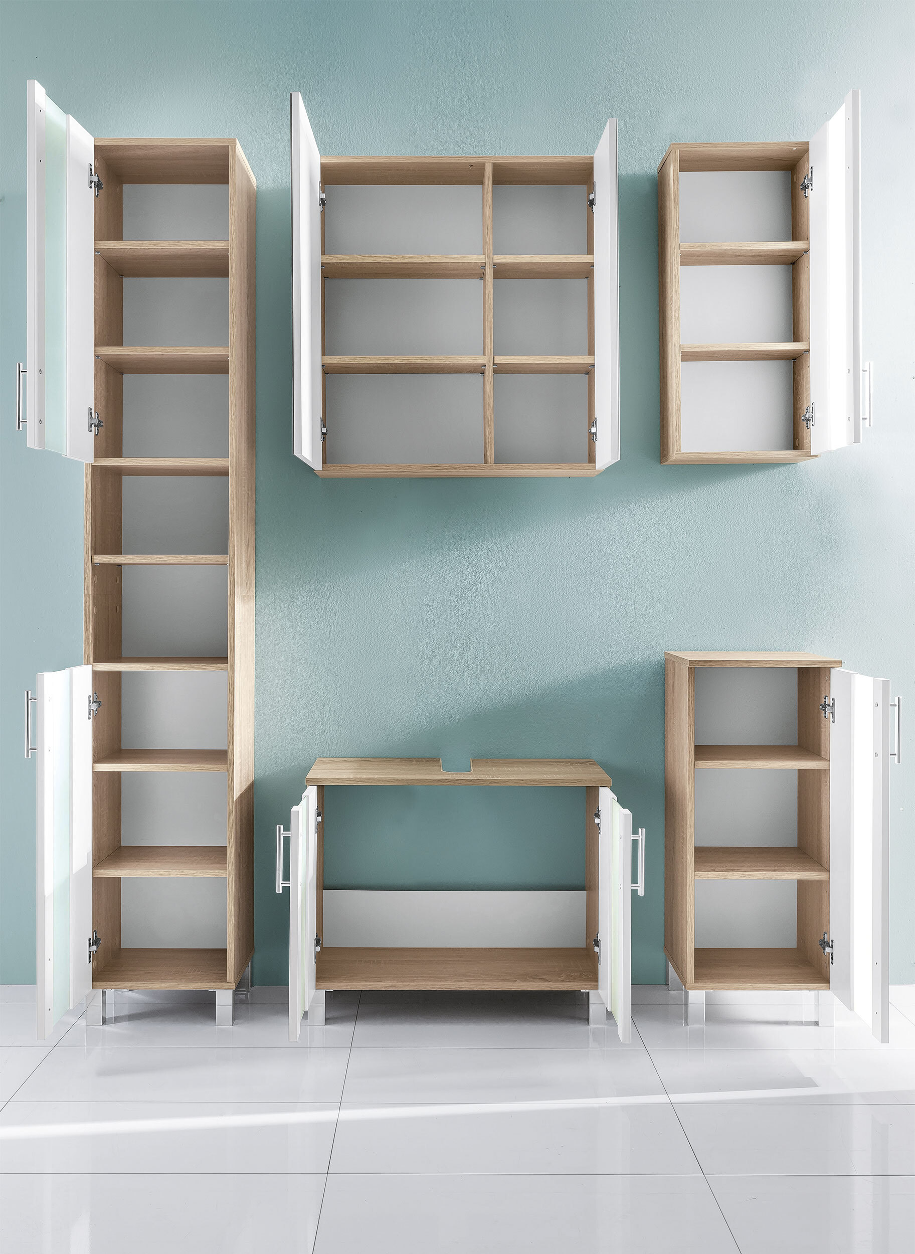 Hochschrank Porto Weiß/Eiche sägerau Nachbildung ca. 33 x 191 x 31 cm