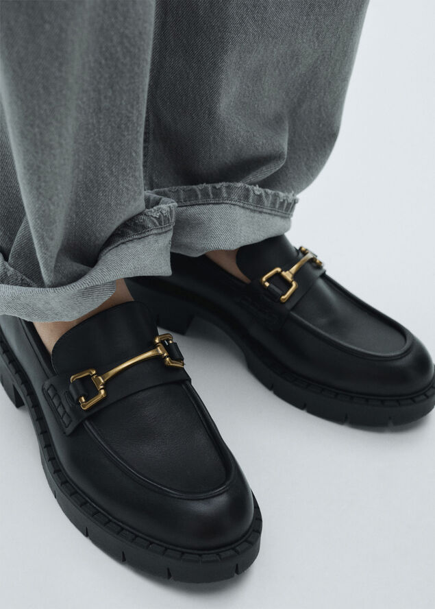 MANGO Leather moccasins with metallic det Black