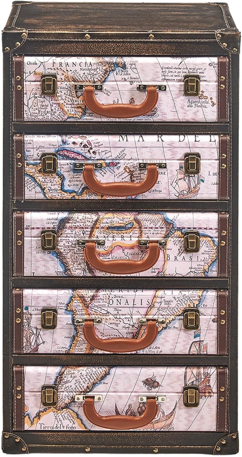 Kobolo Kommode Compass | 40x31x79 cm | braun | kleine Kommode aus MDF mit 5 Schubladen im Vintage Weltkarten-Design | dekorativer Schubladenschrank für Schlafzimmer, Wohnzimmer, Flur oder Büro