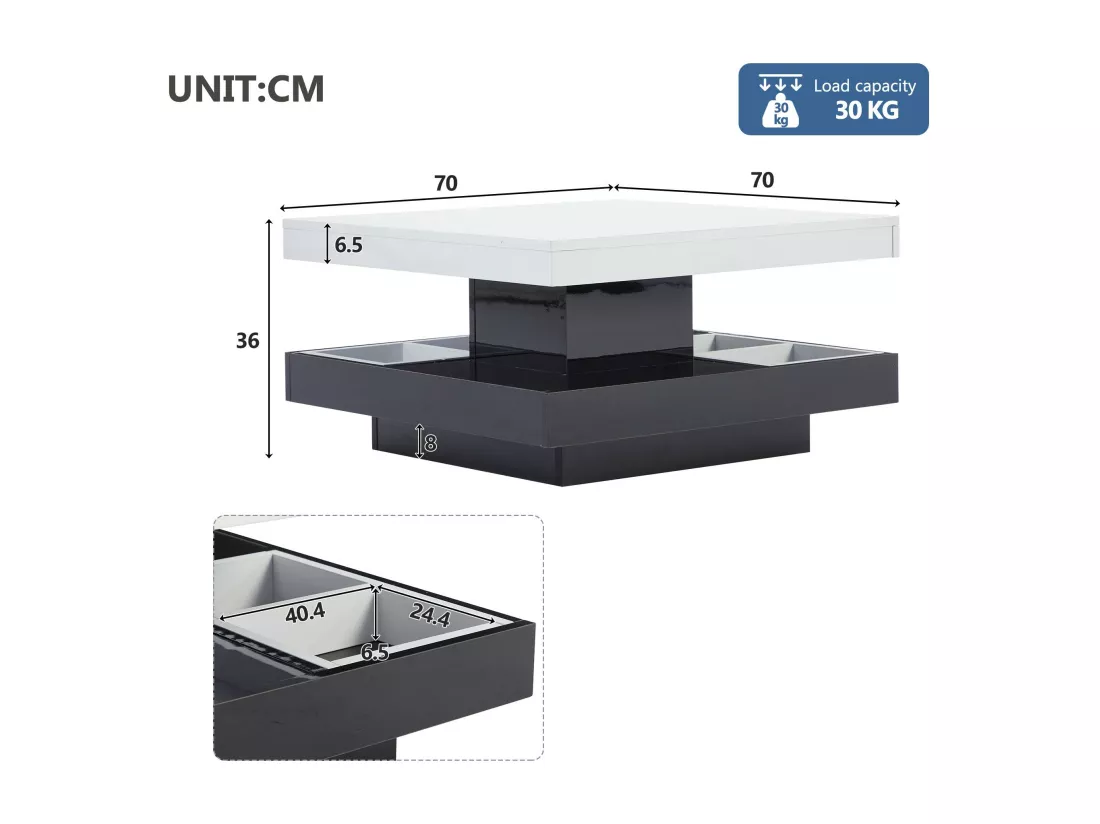 Table basse avec rangements 70x70x36 cm - plateau brillant orientable à 360° - Blanc & Noir