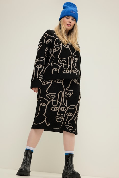 Strickrock, Slim Shape, Midilänge, Face-Silhouetten, Elastikbund