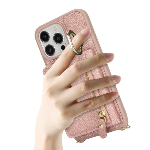 iPhone 14 Pro Necklace Leder Hülle mit Münzfach und Kartenfächer   Finger Griff Halterung   Handykette - Roségold