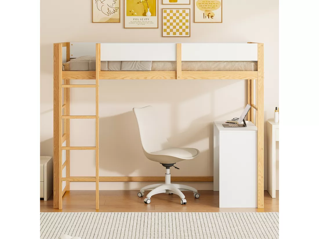 Lit mezzanine 90 x 200 cm avec avec bureau & échelle - bois MDF - blanc + naturel (sans matelas)