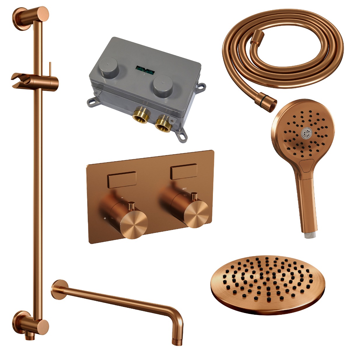 Brauer Copper Edition thermostatische inbouw regendouche met 3 standen handdouche, gebogen muurarm, glijstang en hoofddouche 20cm set 69 koper geborsteld PVD