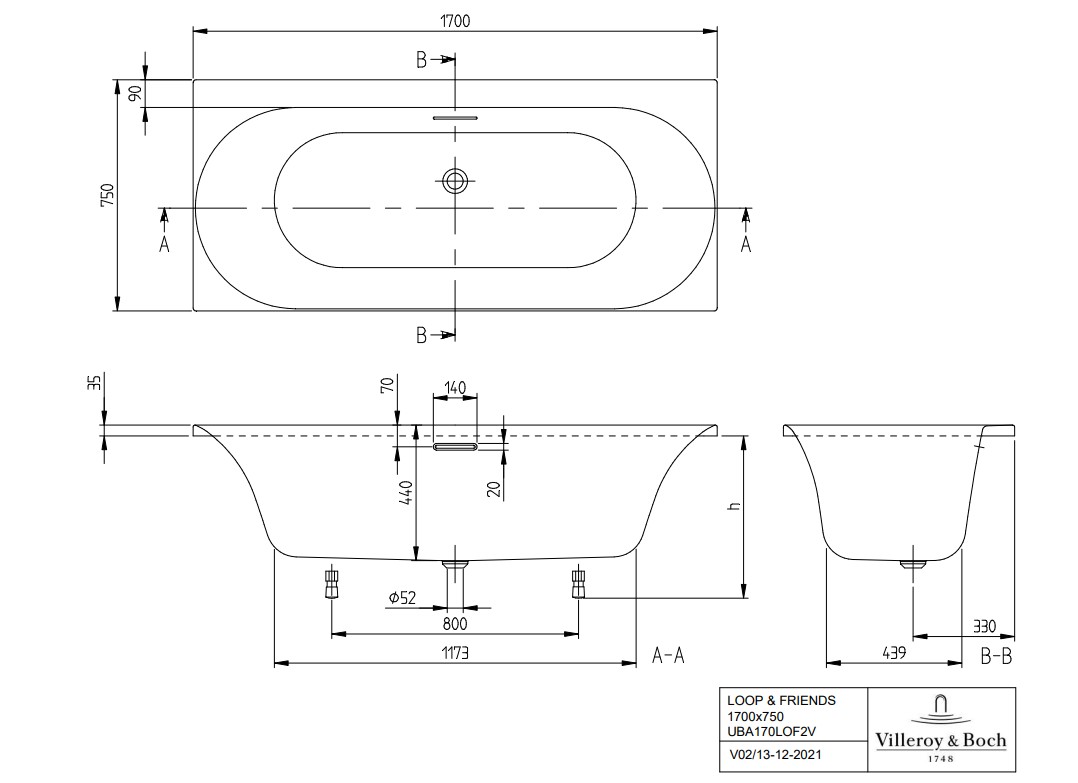 Villeroy & Boch Loop & Friends inbouw ligbad 170x75cm wit ovaal