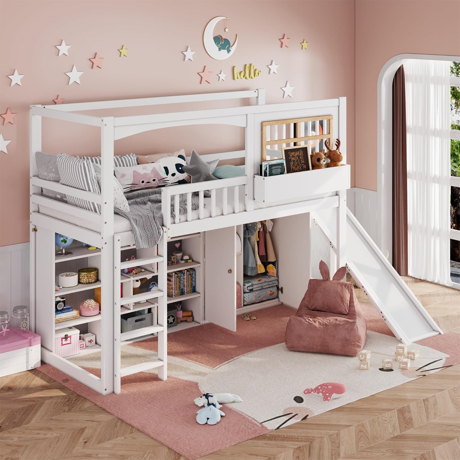 Merax Etagenbett Kinderbett Hochbett mit Rutsche,Stauraum,Kleiderschrank und Fallschutzgitter,Hochbett mit Regal und 4-stufiger Leiter, 90x200 cm, Kiefer + MDF + Sperrholz, Weiß - ohne Matratze
