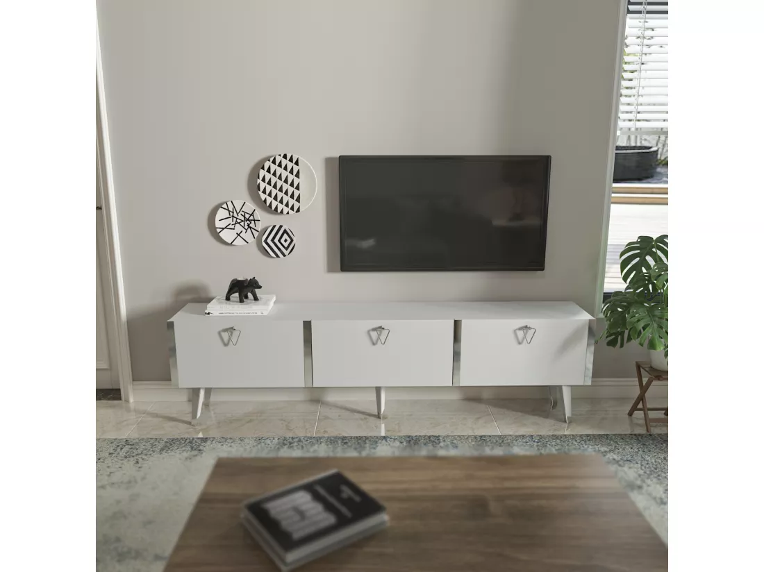 Meuble TV Milagro 180 cm Armoires Abattants Design Chic à 5 Pieds (Blanc et Argent)