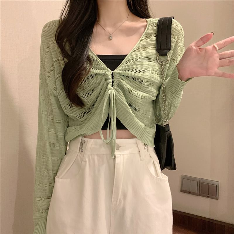 Secolo - Crop top met lange mouwen en trekkoord / effen cami-top
