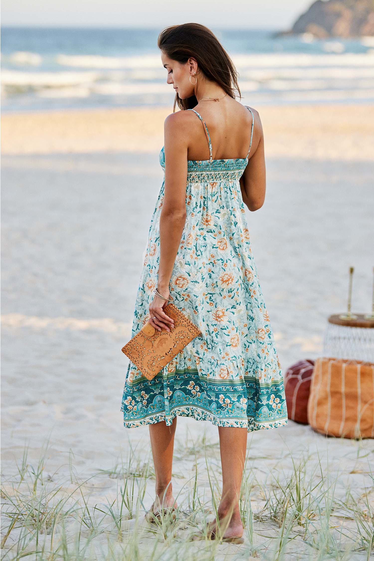 Robe maxi boho à col carré bleue
