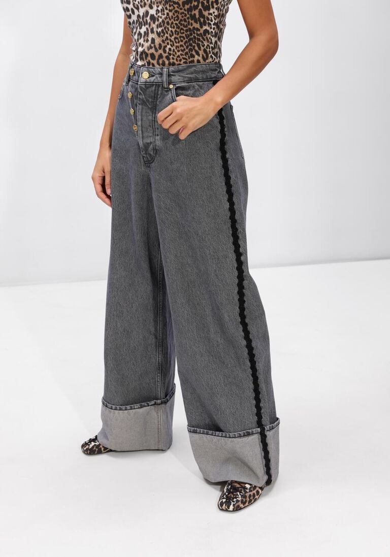 donkerblauwe ganni jeans rigid denim double fly baggy jeans