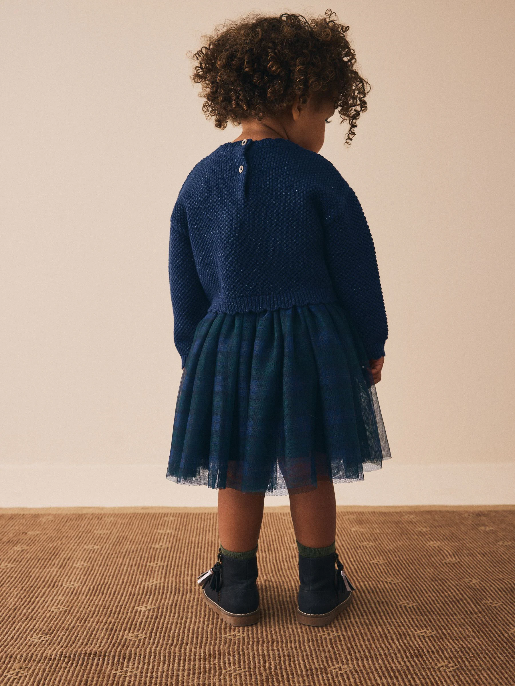 Marineblauw - Set van gebreide trui met strik en geruite rok (3mnd-10jr)