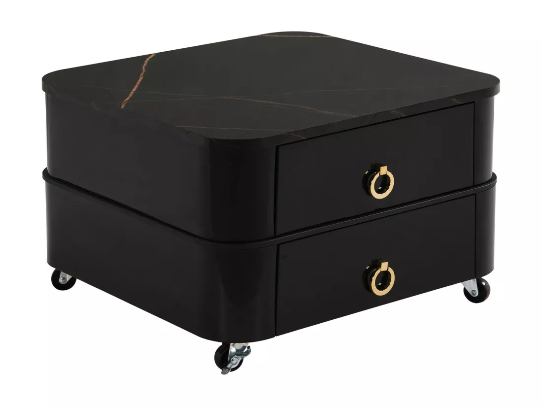 Tables basses gigognes avec 2 tiroirs et roulettes, plateau à motif de marbre en MDF, 60x60x44cm, Noir