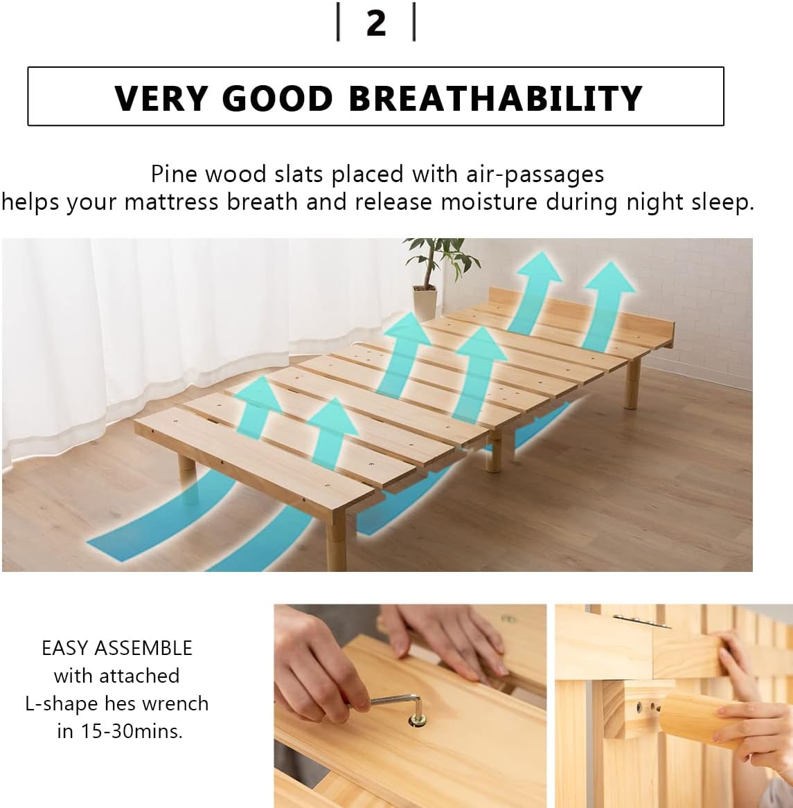 EMOOR Futonbett OSMOS 160 x 200cm für Japanische Futon-Matratze, Höhenverstellbar (5/18/31cm), Retro-Braun, Tatami Natürlich Kiefern Holzbett Palettenbett
