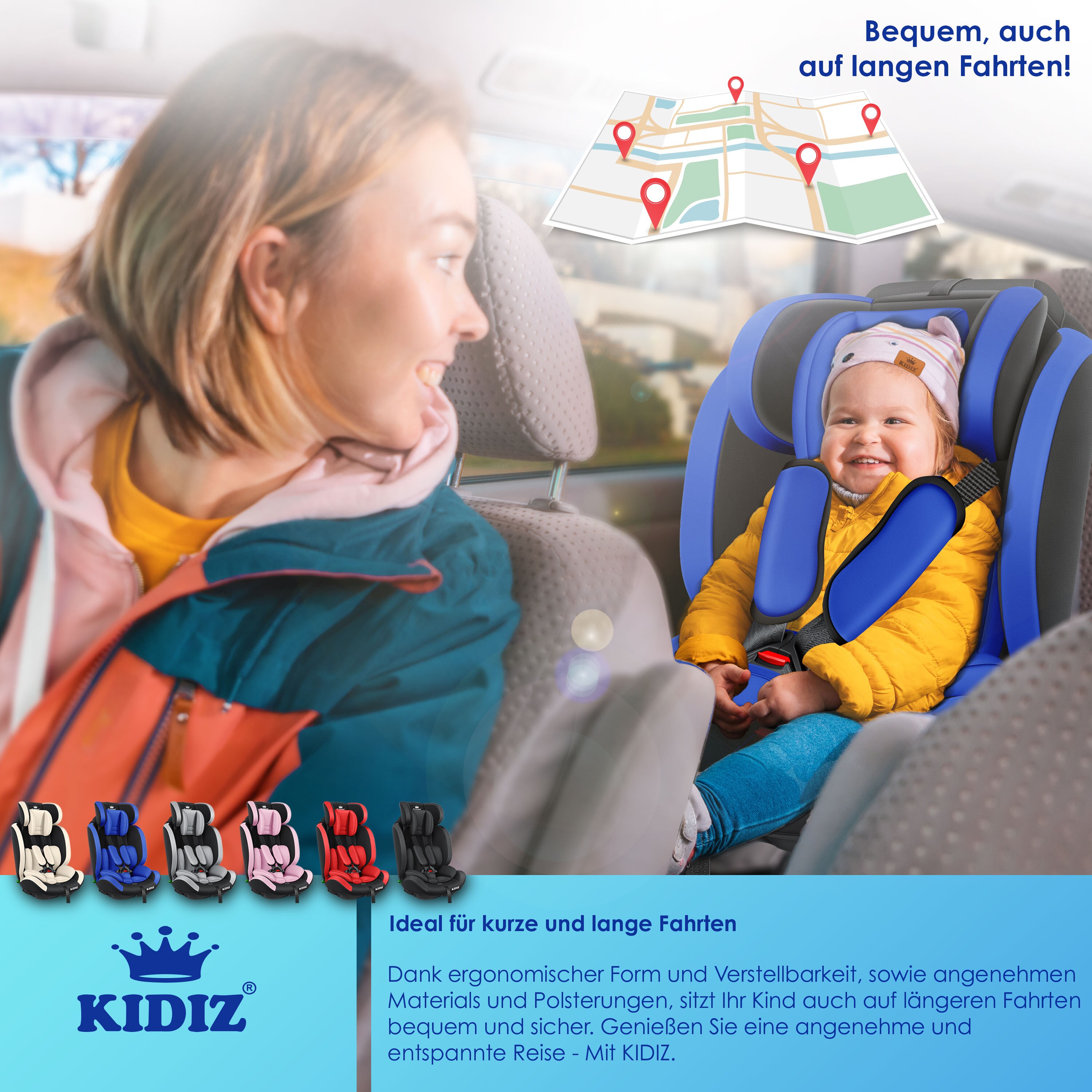 KIDIZ® Autokindersitz Kinderautositz ? Gruppe 1+2+3 ? 9-36 kg 5-Punkt-Sicherheitsgurt, Autositz, Kindersitz, Einstellbare Kopfstütze | Mitwachsende Sitzerhöhung 1-12 Jahre, Stabil und Sicher