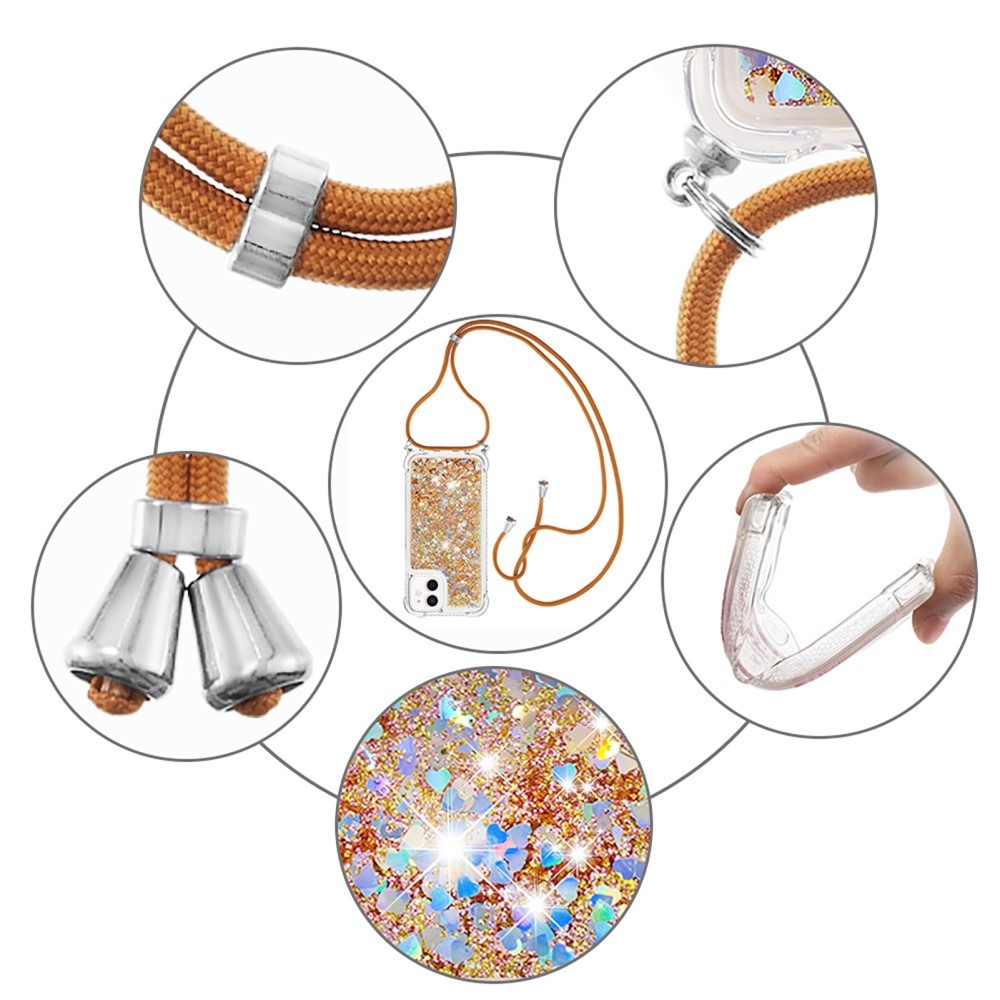 iPhone 12 / iPhone 12 Pro Necklace Gummi Hülle Liquid Glitzer   Handykette (130cm) - Braun / Gold