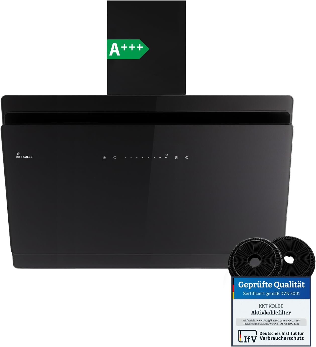 KKT KOLBE A+++ Dunstabzugshaube 90 cm 782 cbm/h | Umluft | Abluft | Kopffrei | Wandhaube | Schräghaube | Schwarz | Glas | Nachlaufautomatik | SensorTouch | LED-Beleuchtung | SOLO9005S