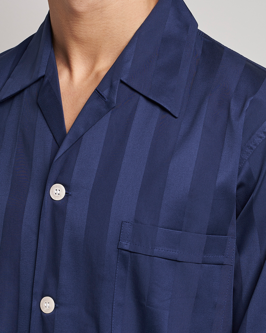 Derek Rose Striped Cotton Satin Pyjama Set Navy