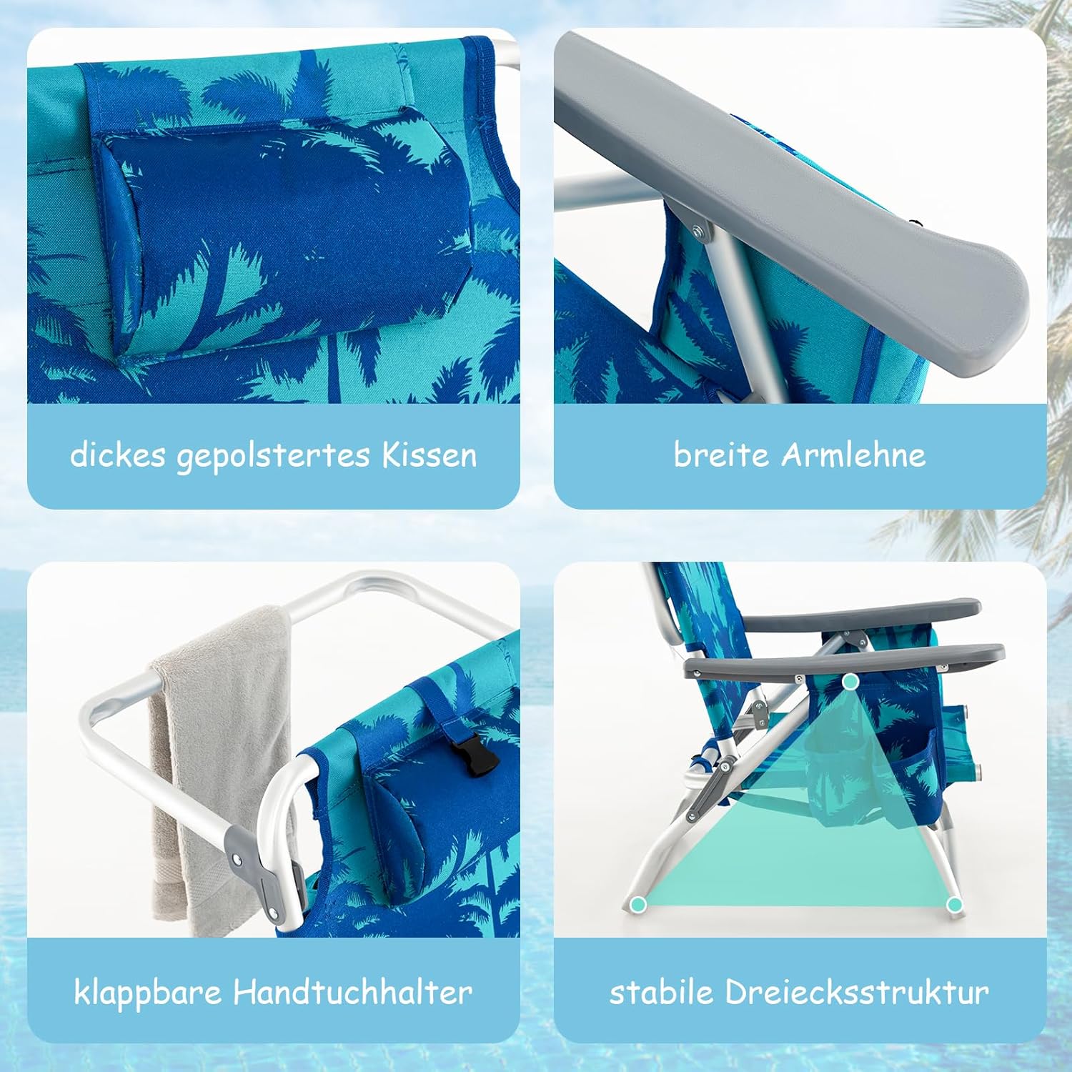COSTWAY Strandstühle und Tisch Set, klappbare Campingstühle mit Verstellbarer Rückenlehne, Kopfstütze, Seitentaschen, Eisbeutel, Schultergurten & Armlehnen, Klappstühle leicht (Kokosnusspalme)