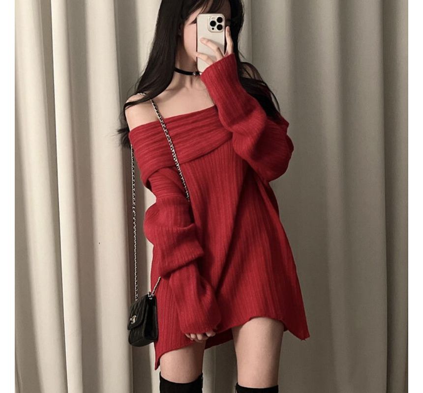 PINPI - Off-Shoulder Effen Gebreide Mini Shift Jurk