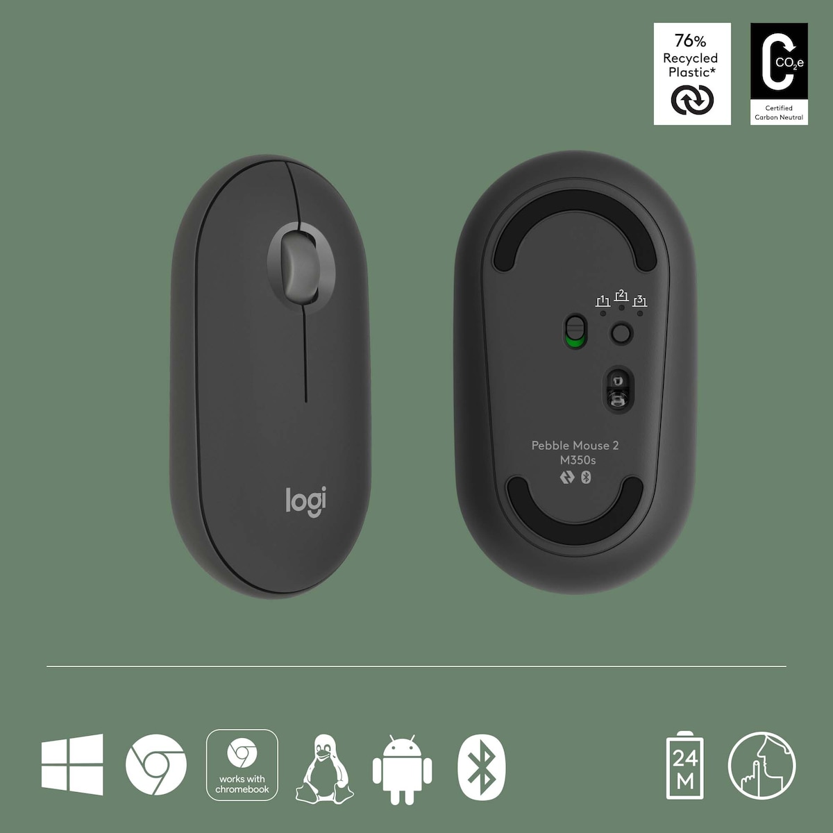 Logitech Pebble Mouse 2 M350s trådløs mus (Grafitt)