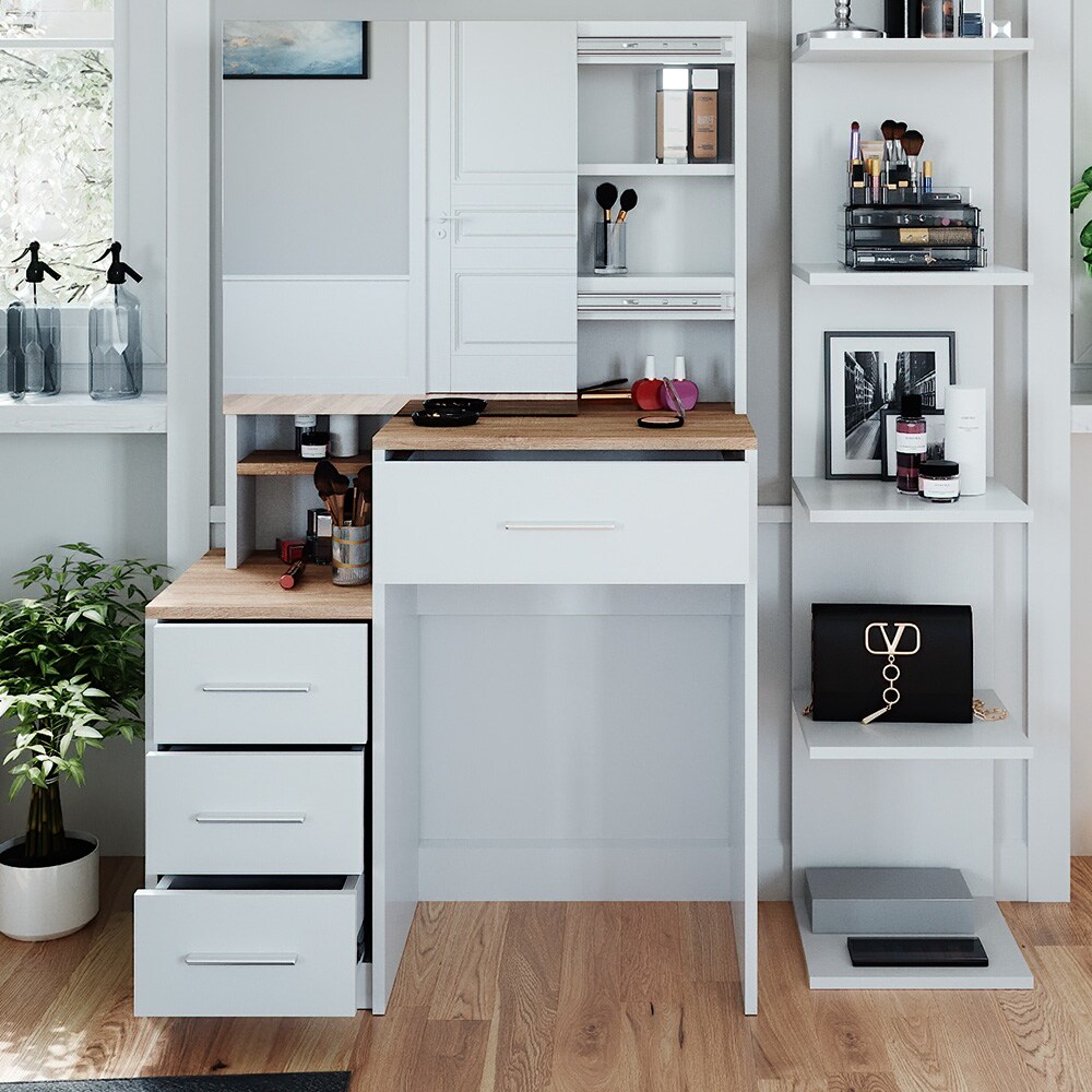 Vicco Schminktisch Frisiertisch Kosmetiktisch Conrada Weiß Sonoma Schminkspiegel 80x132 modern Schlafzimmerkommode Schminkkommode Schublade Spiegelschrank Frisierkommode Make-Up-Tisch