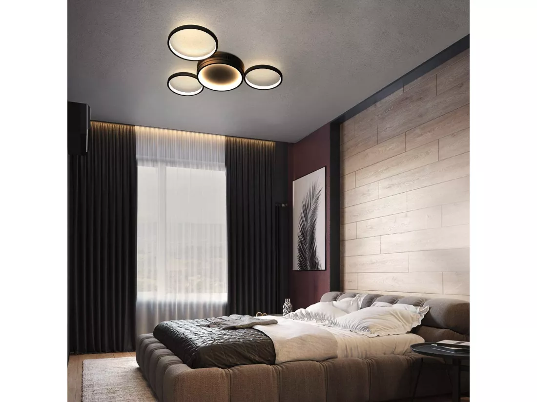NETTLIFE Plafonnier LED noir dimmable avec télécommande design moderne 4 anneaux 52W intérieur en aluminium pour salon salle à manger chambre d'enfant