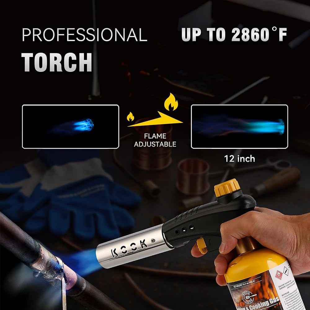 KOOKCOOK Tête de torche au propane, puissante tête de chalumeau à 4 flammes avec allumage, kit de pistolet à gaz MAPP MAP sur support de réservoir de propane de 0,5 kg pour souder, souder, braser, : Bricolage