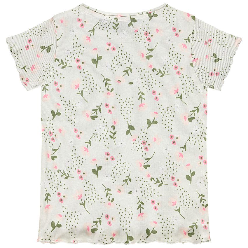 T-shirt manches courtes en jersey côtelé imprimé fleuri pour fille - Ecru