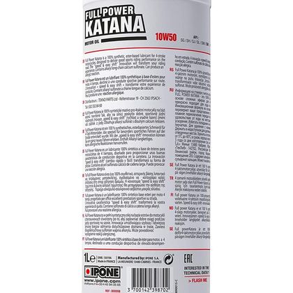 Huile moteur Ipone FULL POWER KATANA - 10W50 100% synthése - 1 LITRE Universel