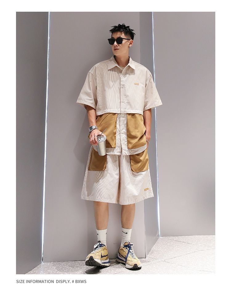Wewewow - Set: Shirt met korte mouwen en kraag + Shorts met trekkoord in de taille