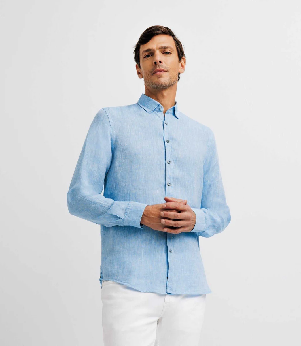 Chemise unie en lin bleu indigo