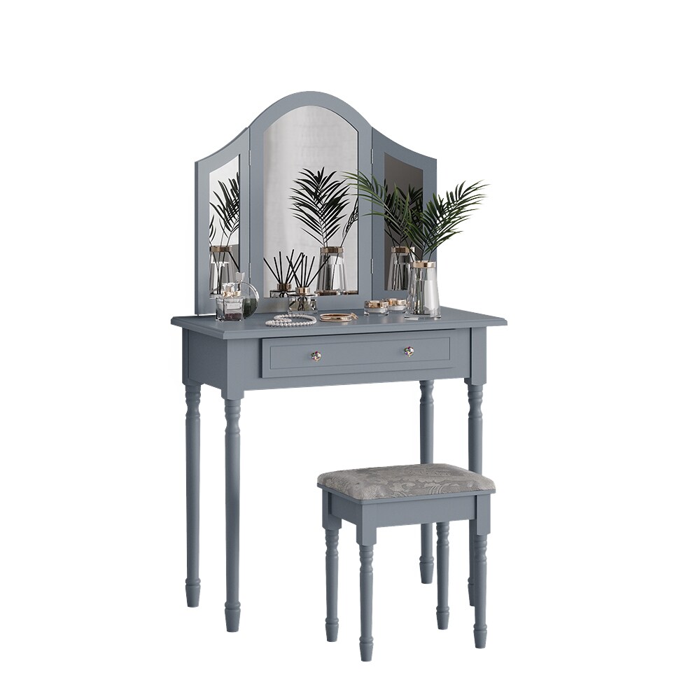 Vicco Schminktisch Frisiertisch Kosmetiktisch Kate Grau Schminkspiegel Hocker 80x134 cm Antik Schlafzimmerkommode Schminkkommode Schublade Ablage Aufbewahrung Frisierkommode Make-Up-Tisch