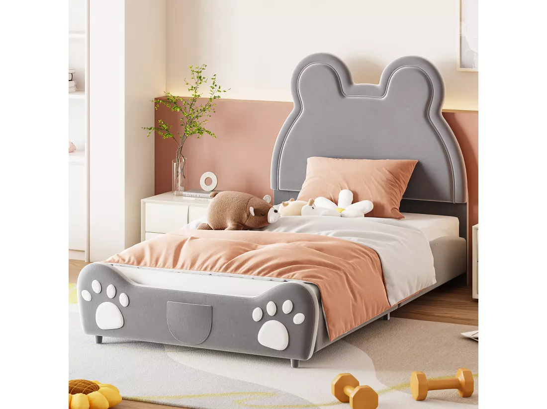 Lit simple rembourré enfant gris 90 x 200 cm en velours dermophile