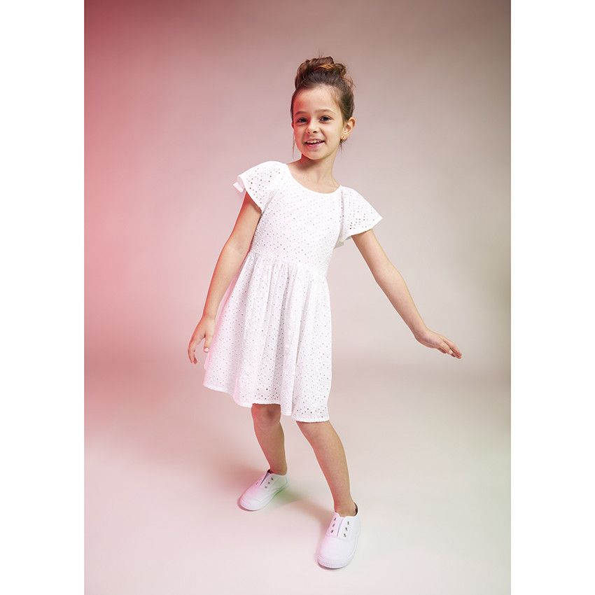 Robe manches courtes en broderie anglaise pour fille - Blanc