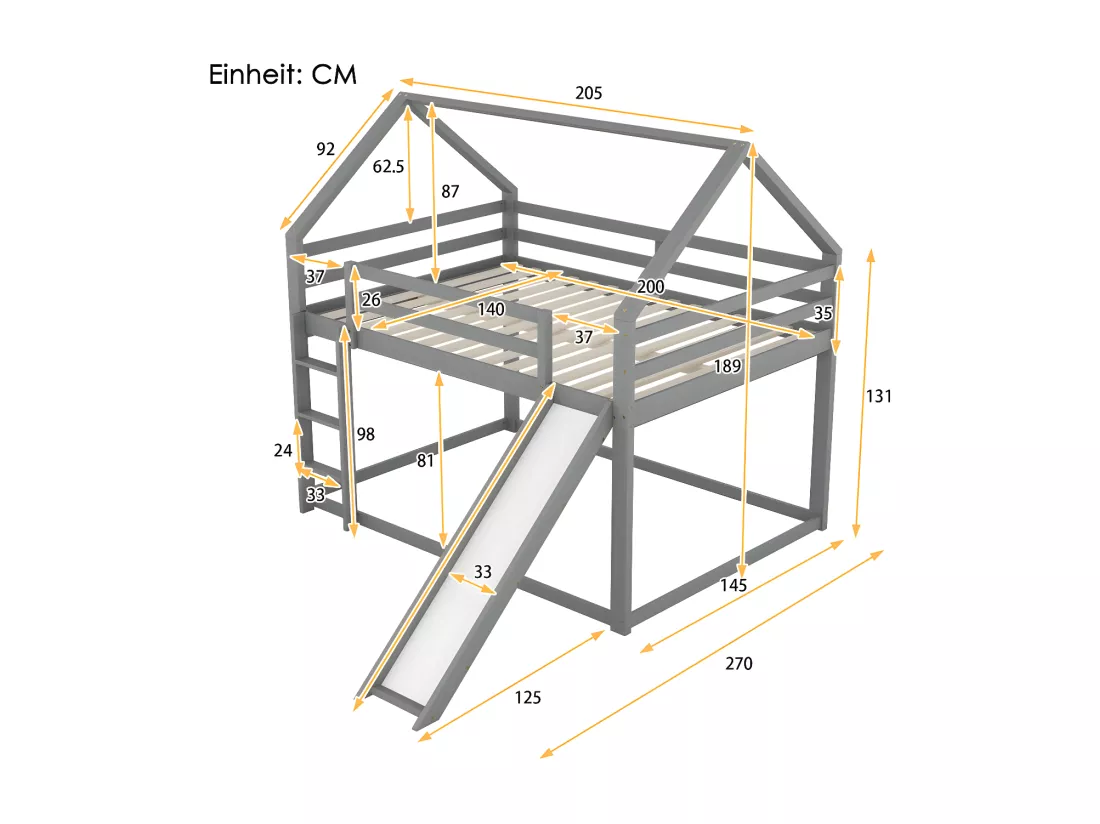 Lit superposé cabane avec toboggan et échelle - 140x200cm - cadre en pin massif - Gris