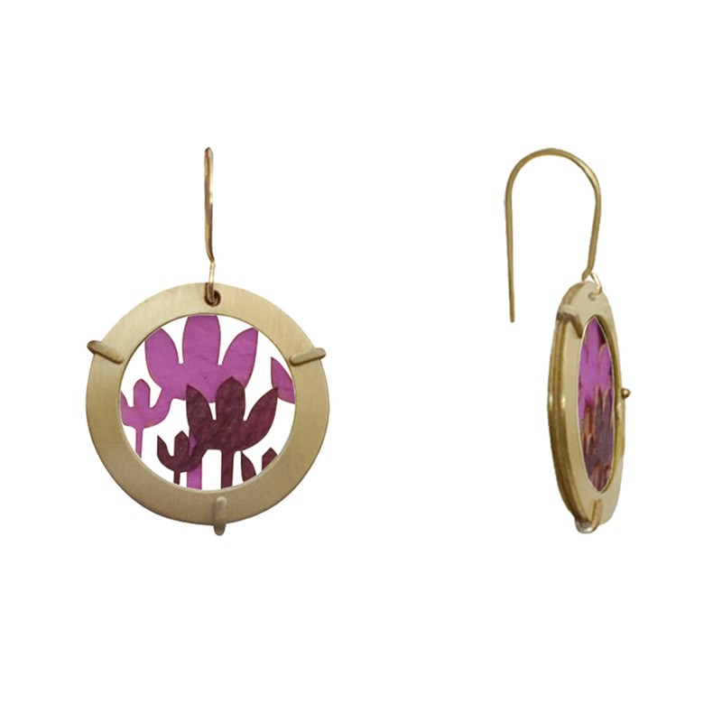 Boucles d'Oreilles Laiton Anneau et Fleurs en Cuir