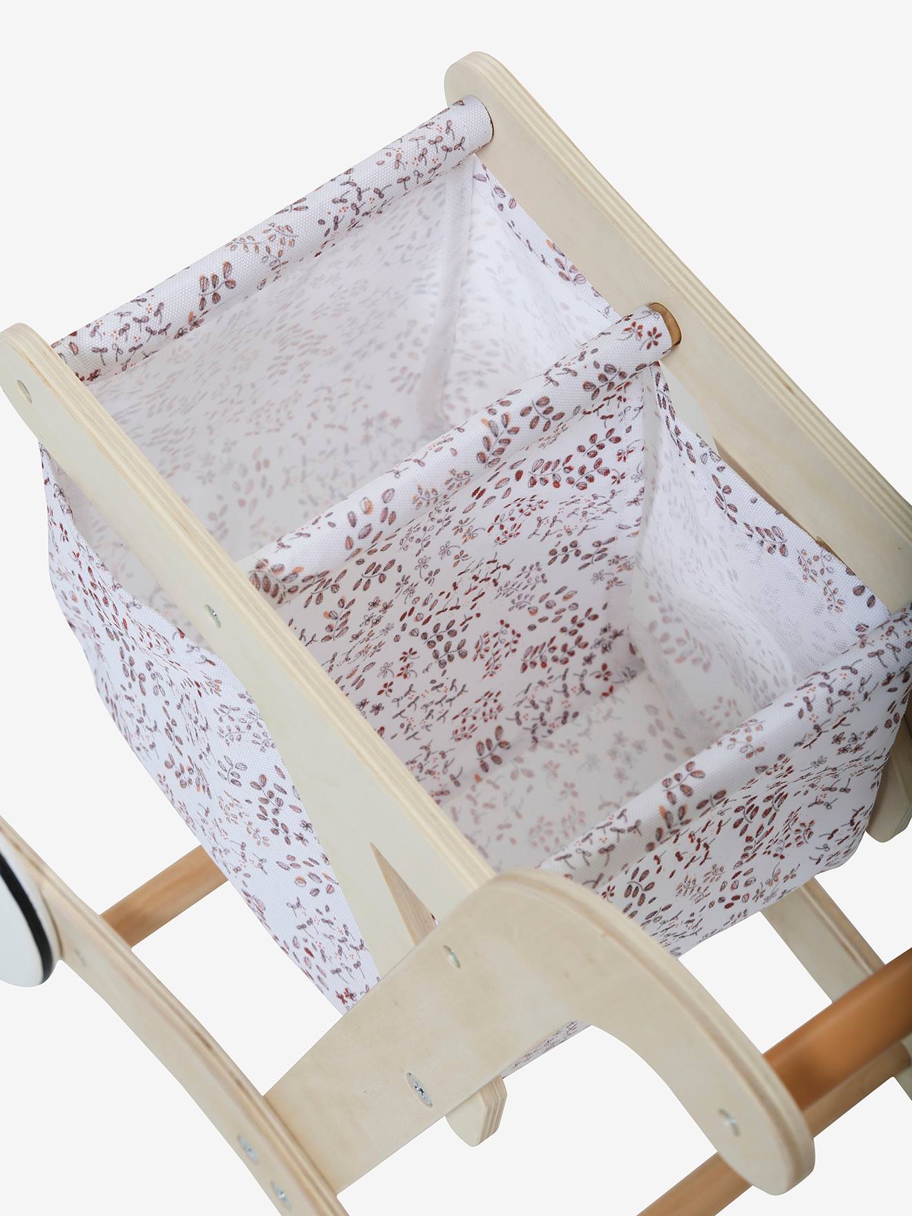 Carrinho de compras em tecido liso bege médio e madeira com certificação FSC® com motivos decorativos.