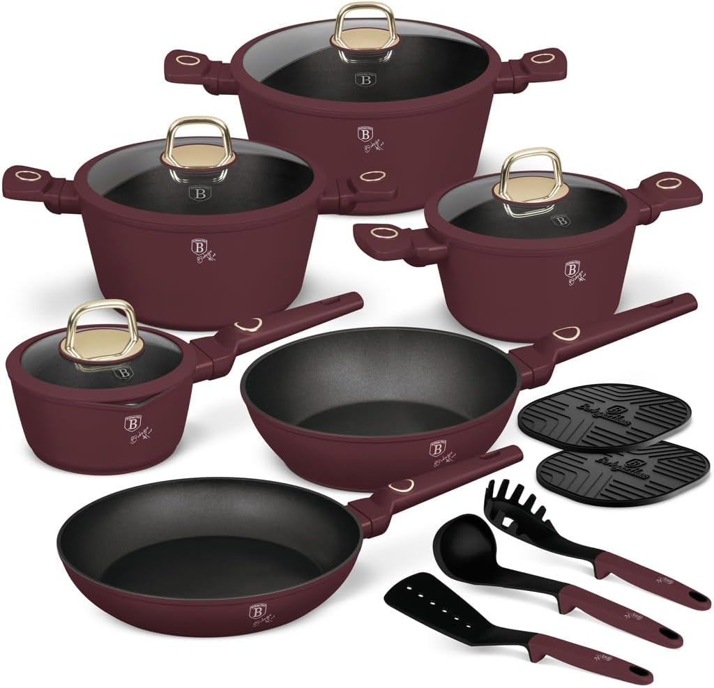 Berlinger Haus Leonardo Collection Topfset 15-teilig – Matt Bordeaux – Induktion – TitanPro Antihaftbeschichtung – Geschmiedetes Aluminium – PFOA-frei – Mit Küchenhelfern & Silikonuntersetzern