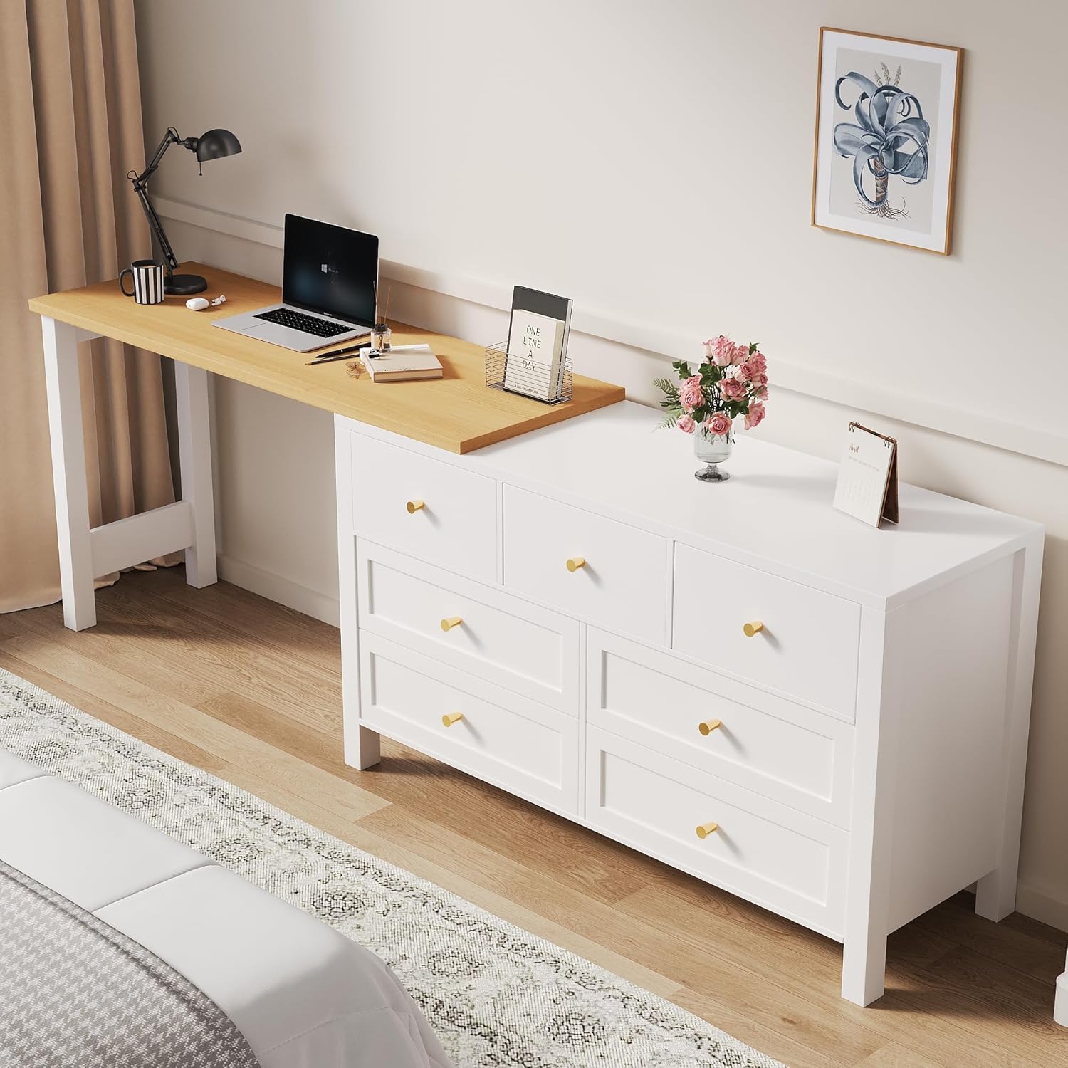 Merax Schreibtisch mit 7 Schubladen, 2-in-1 Sideboard und Arbeitsplatz, 360° drehbar, L-förmiger Eckschreibtisch oder Frisiertisch, Viel Stauraum & modernes Design, einfache Montage, Weiß & Holzfarbe