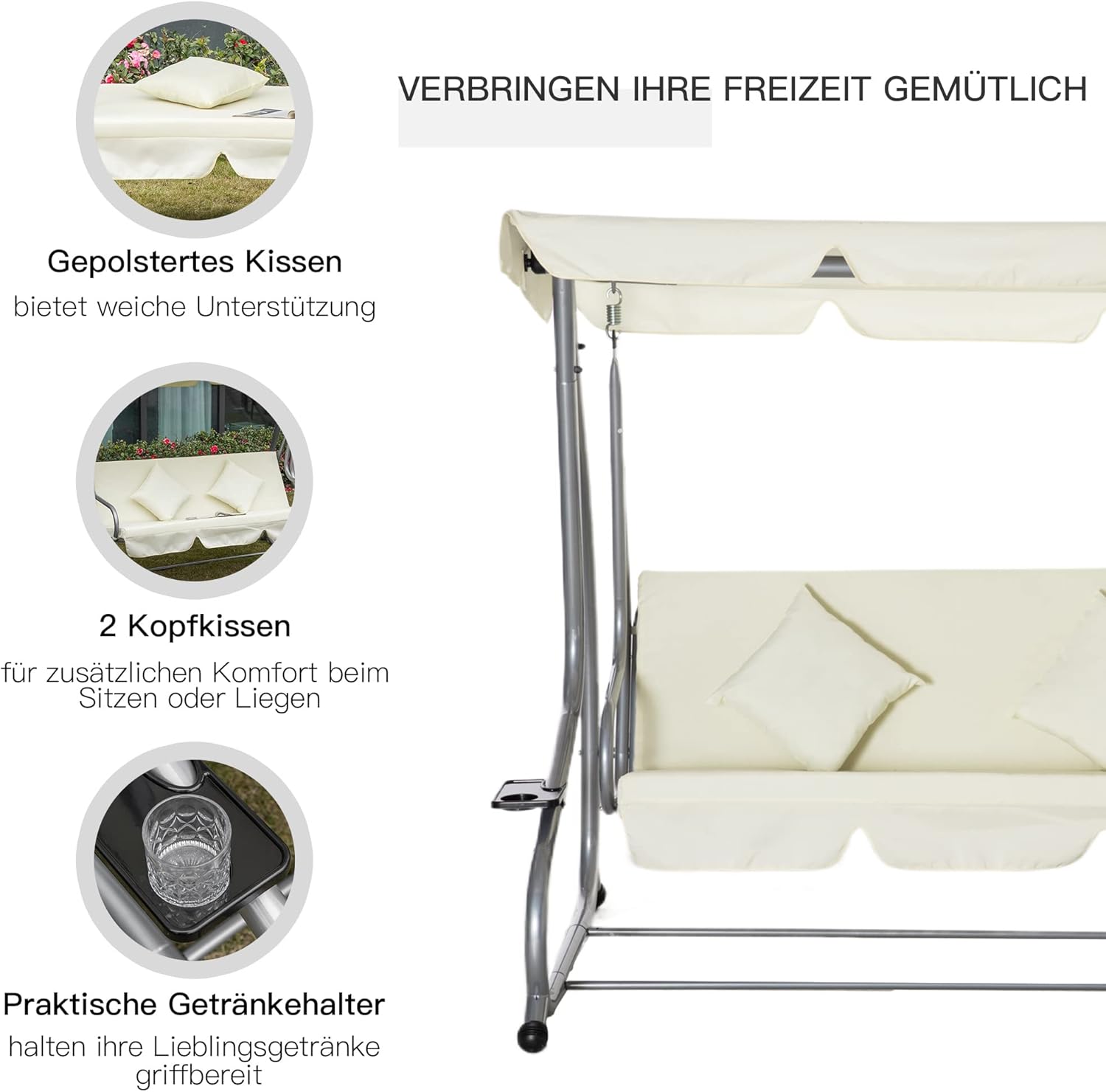 Outsunny Schaukelstuhl 3-Sitzer Gartenschaukel Hollywoodschaukel mit Sitz- und Rückenlehnen Tablett Schwingbank Sitzbank Dachwinkel verstellbar Stahl Polyestergewebe 200 x 120 x 164 cm Beige