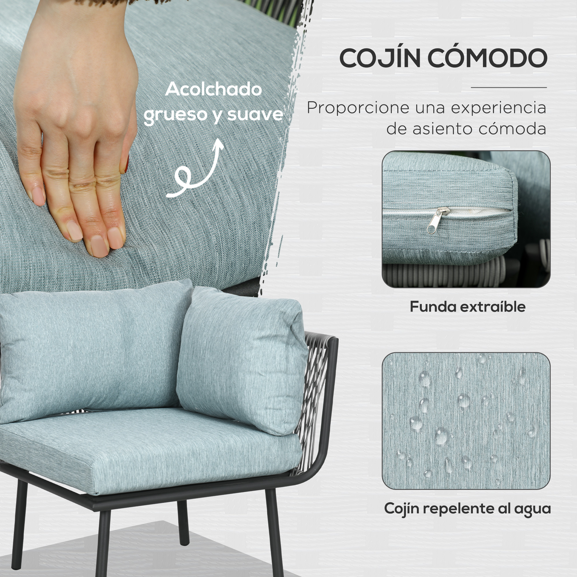 Conjunto de Móveis de Rattan Outsunny de 4 Peças, Conjunto de Móveis para Jardim, Sofá de 2 Lugares, Sofá de Canto, Mesa de Centro com 6 Almofadas Acolchoadas e Estrutura de Alumínio para Varanda ou Terraço, Cinza