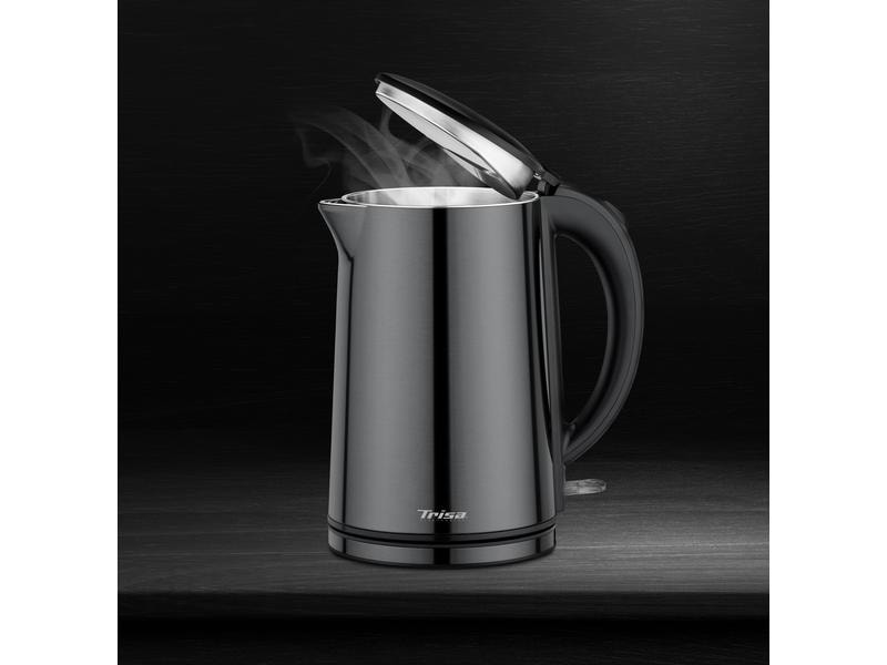 Trisa Wasserkocher Comfort Touch 1.5 l, Schwarz Edelstahl Wasserkocher mit grosser Deckelöffnung