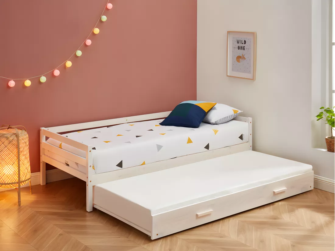 Lit gigogne AEDAN II - 2 x 90 x 190 cm - Pin massif et MDF - Blanchi