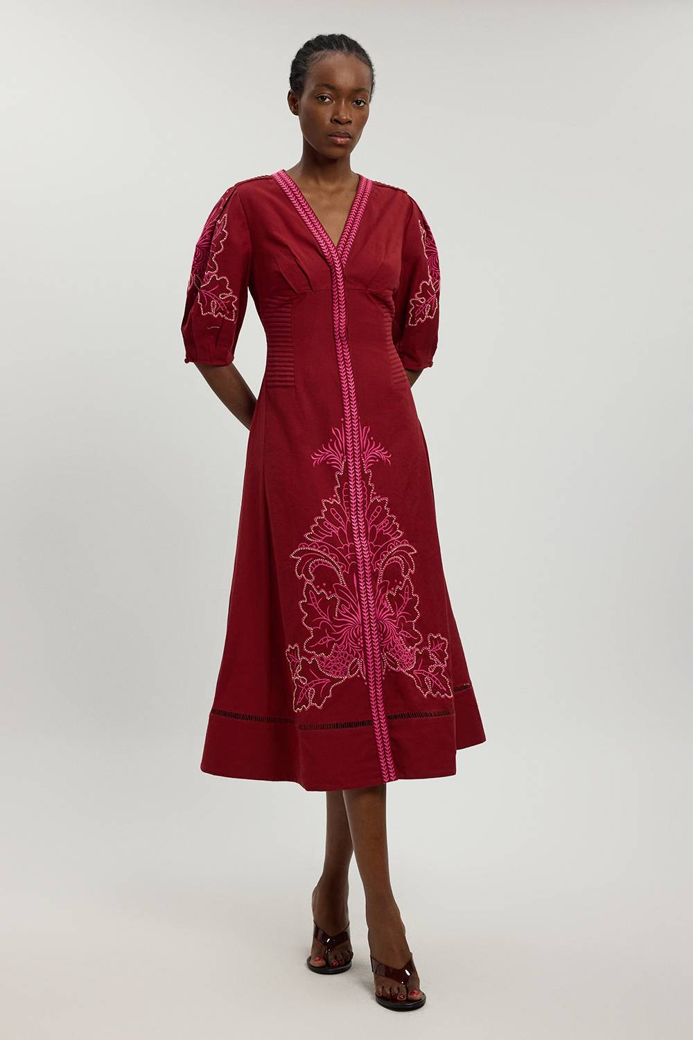 KarenMillen Robe Midi En Mélange De Lin Avec Broderie Ajourée Perlée