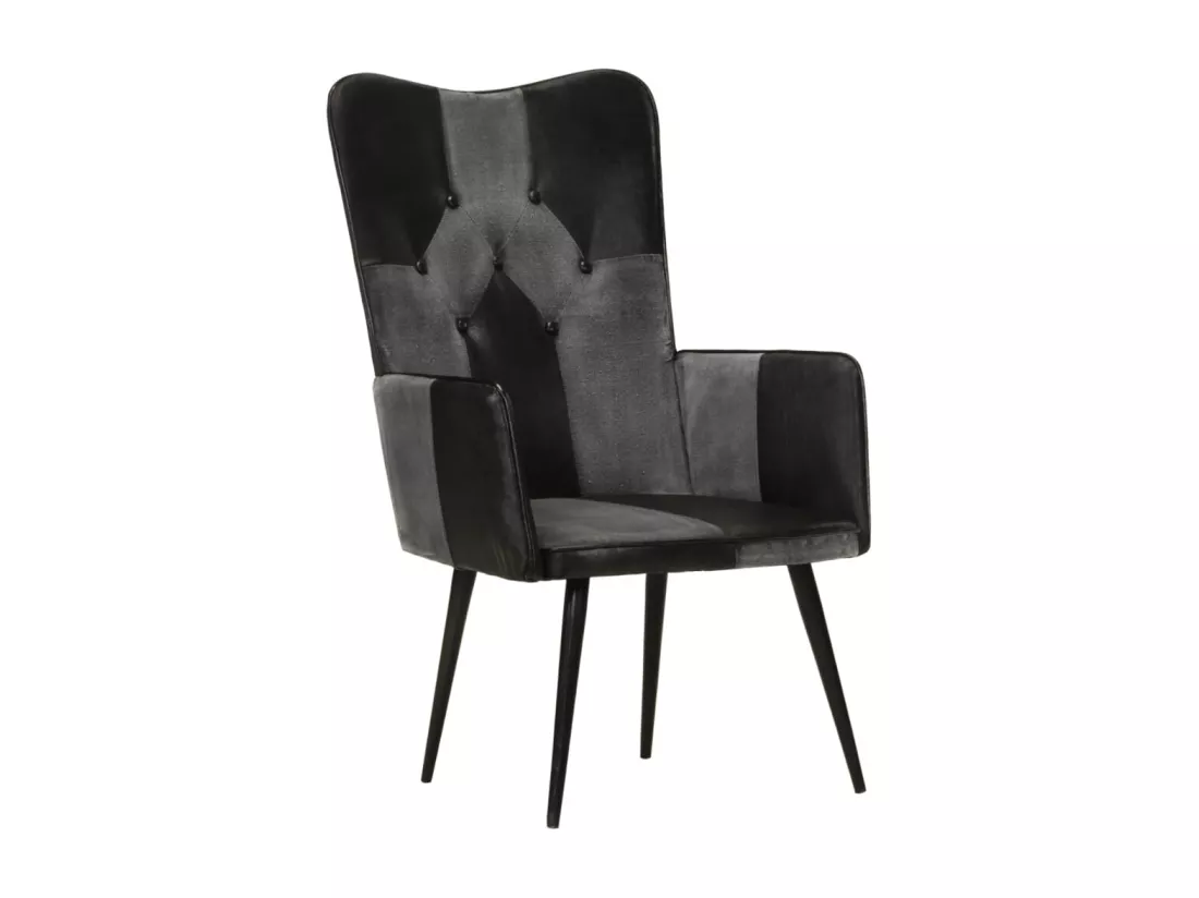 Fauteuil à oreilles Noir et gris Cuir véritable
