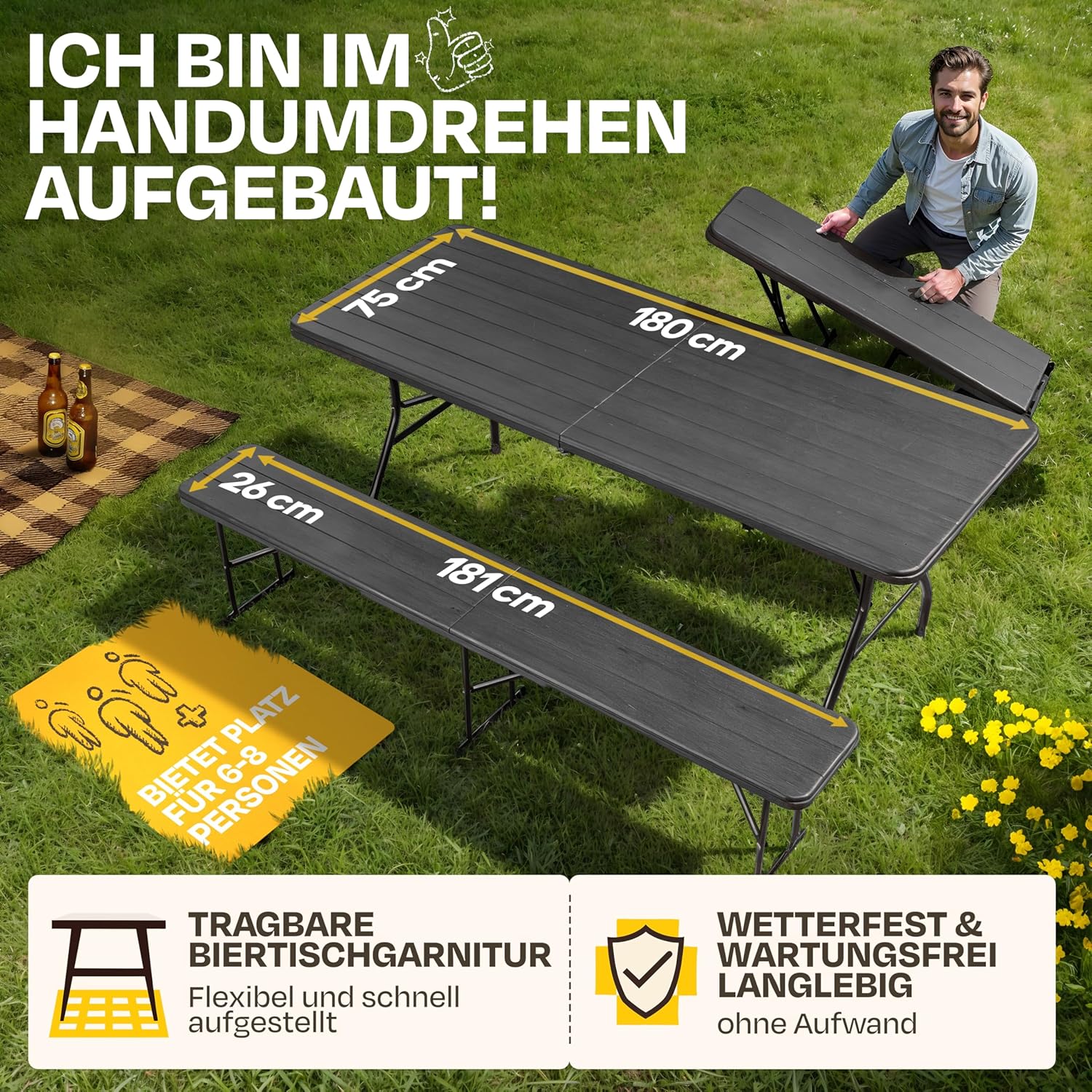 Ondis24 Biertischgarnitur Lena & Lisa Campingtisch 2X Bierbank 1x Biertisch Sitzbank klappbar Bierzeltgarnitur 3tlg. einfach transportabel (Anthrazit, XL)