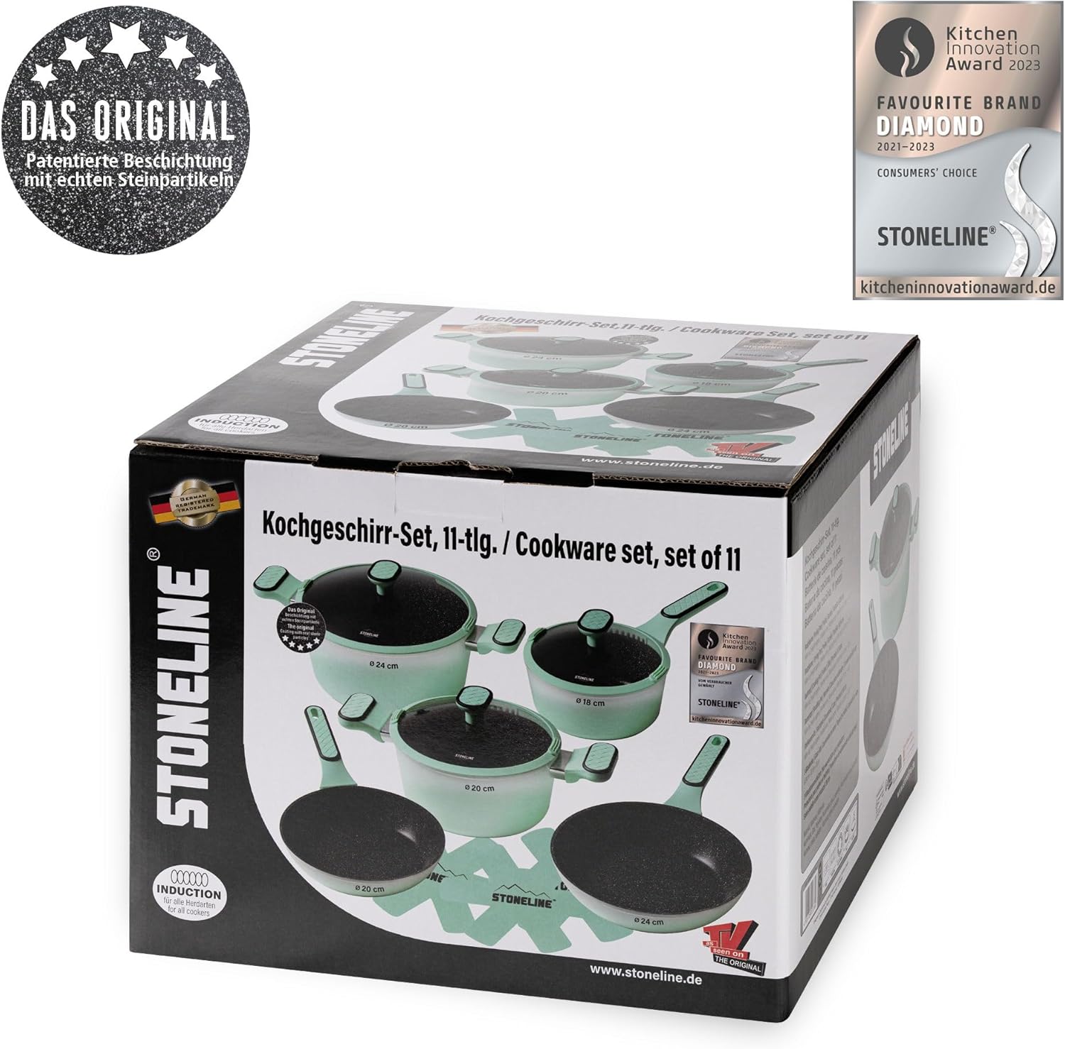 STONELINE Kochgeschirr Set 11-teilig 18/20/24 cm Set Pfannen und Töpfe mit Deckel, Topfset Pfanne Induktion Antihaft Beschichtet mit echten Steinpartikeln, Alle Herdarten, Farbe: Mint